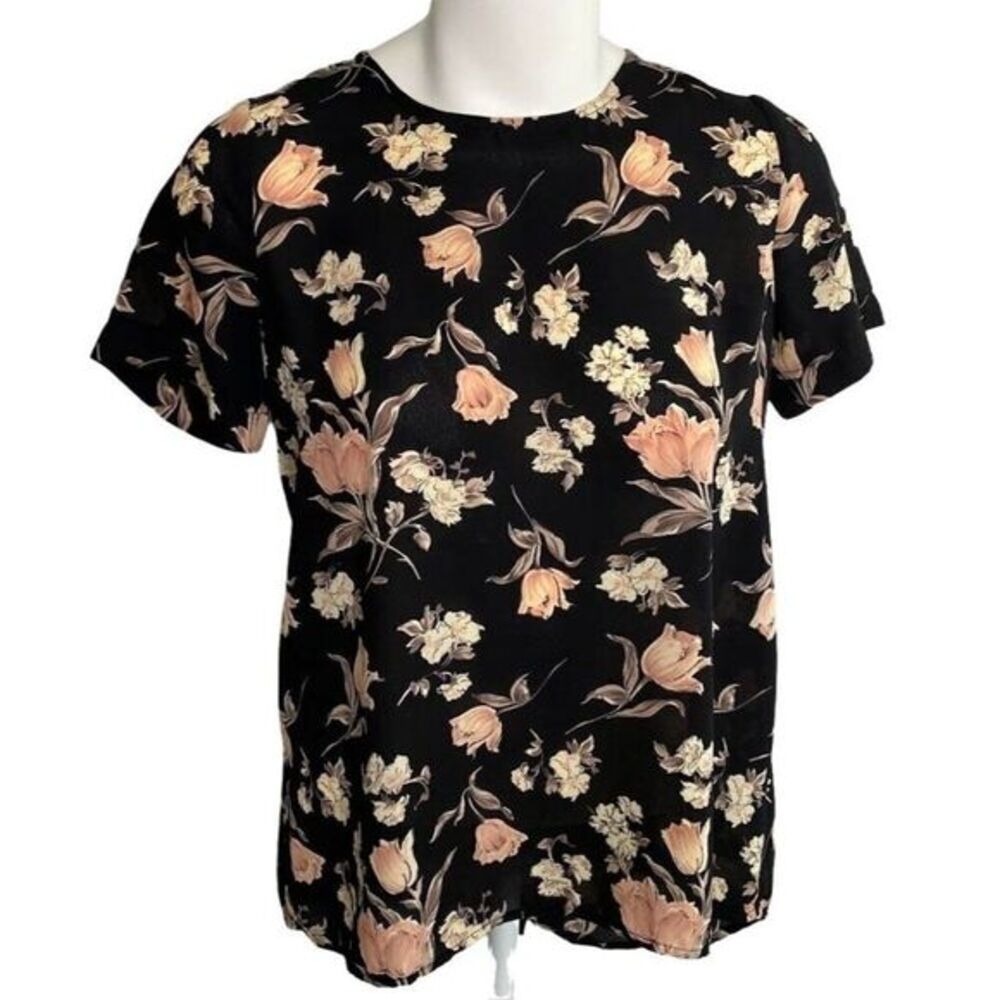 Sienna Sky Blouse Top Women's SMALL Black Floral Asymmetrical-Hem Short-Sleeve